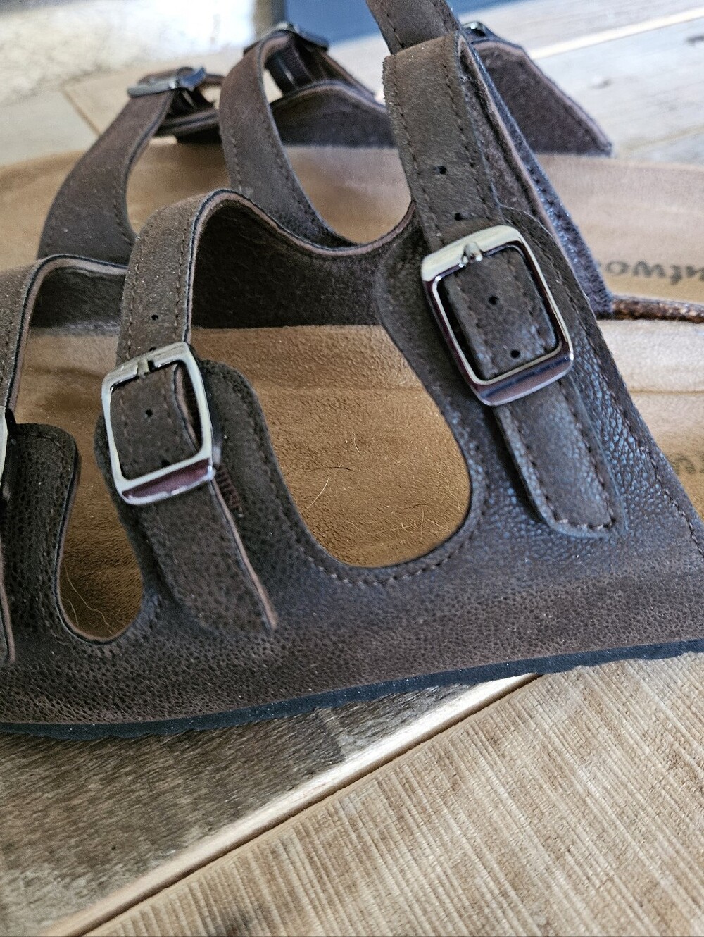 Outwoods Brown Triple-Buckle Cork Footbed Sandals, Size 8??